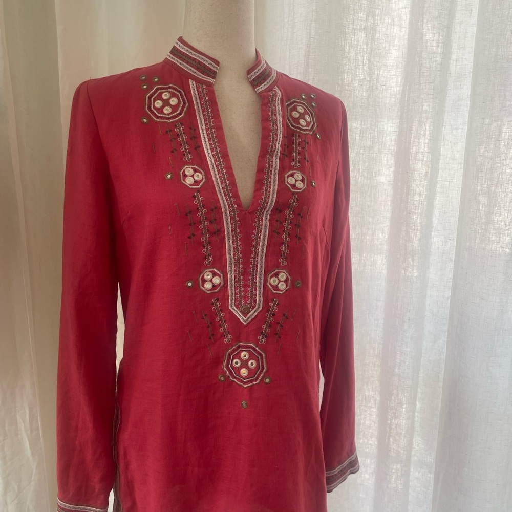 100% Linen Red Embroidered Dress